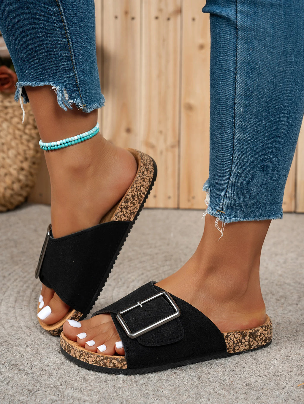 Zapatillas de playa sin cordones para mujer, informales, simples, con hebilla grande, parte superior de gamuza, grano de madera suave, cómodas, tacón plano, verano, primavera y otoño