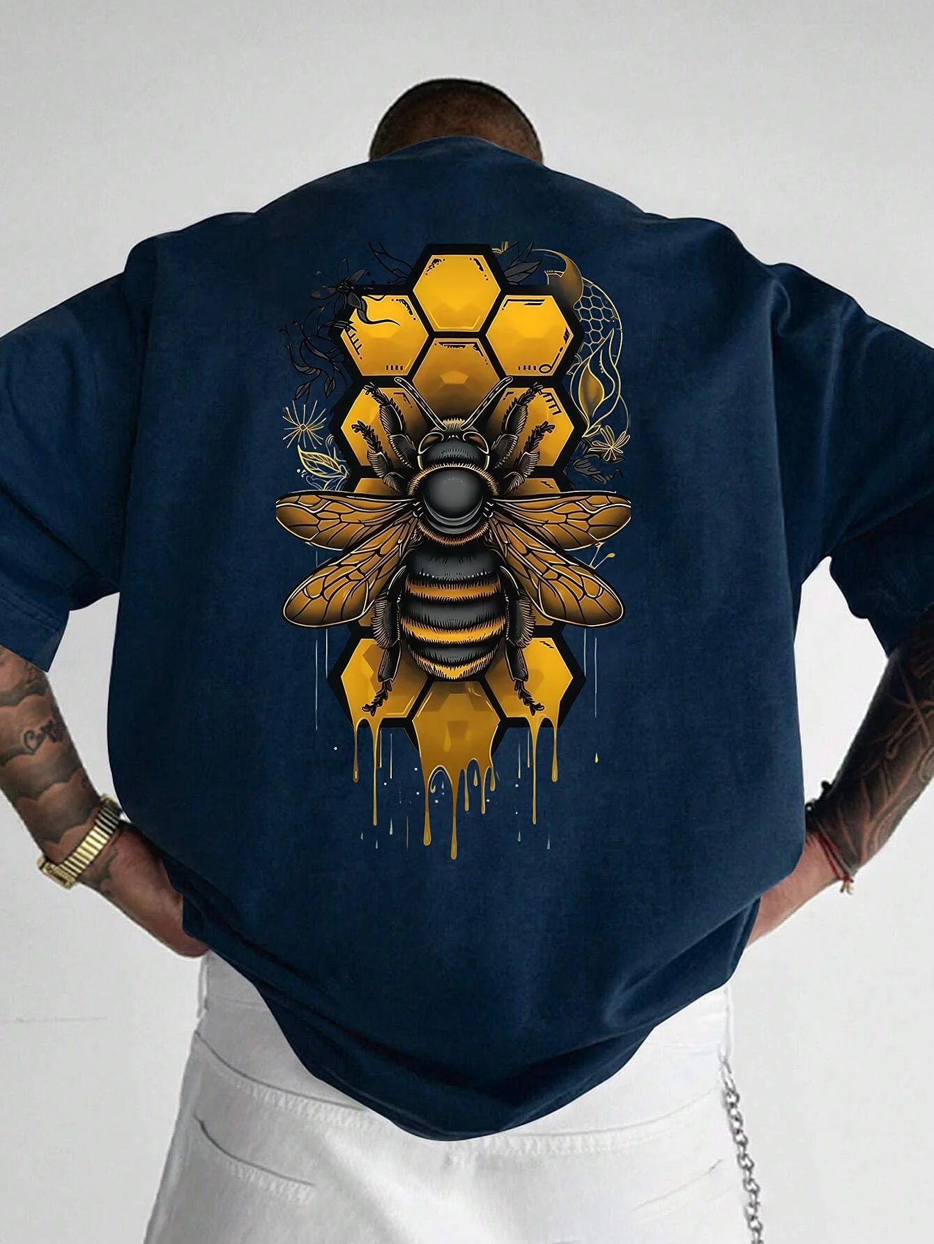 Camiseta de manga corta con cuello redondo y estampado de abeja deportiva holgada informal a la moda de algodón puro 100% para hombre