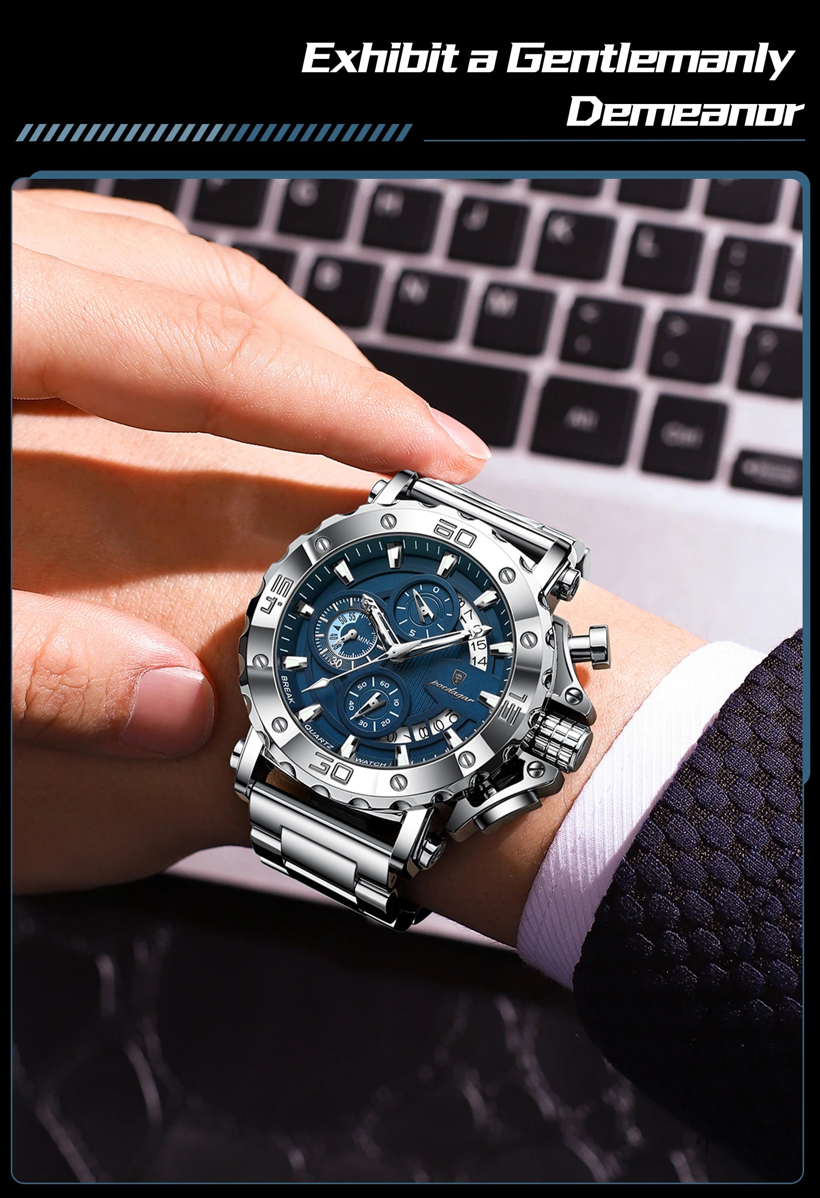 Reloj POEDAGAR de lujo para hombre, calendario luminoso, resistente al agua, Reloj para hombre, cronógrafo masculino, relojes de cuarzo de acero inoxidable para hombre