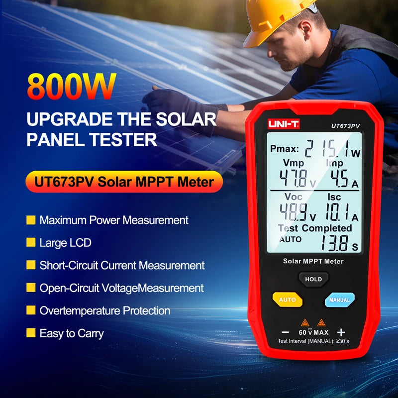 Medidor de paneles solares UNI-T UT673PV 5~800W, medidor de potencia máxima de módulos fotovoltaicos, voltaje de circuito abierto, corriente de cortocircuito, medidor MPPT