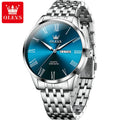 OLEVS, reloj minimalista de negocios de acero inoxidable para hombre, manecillas luminosas de lujo, calendario a escala romana, relojes de cuarzo resistentes al agua para hombre
