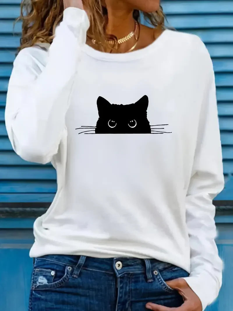 Camiseta de gato negro, camiseta gótica divertida, camiseta informal de manga larga con estampado de gato negro para mujer, camiseta con cuello redondo