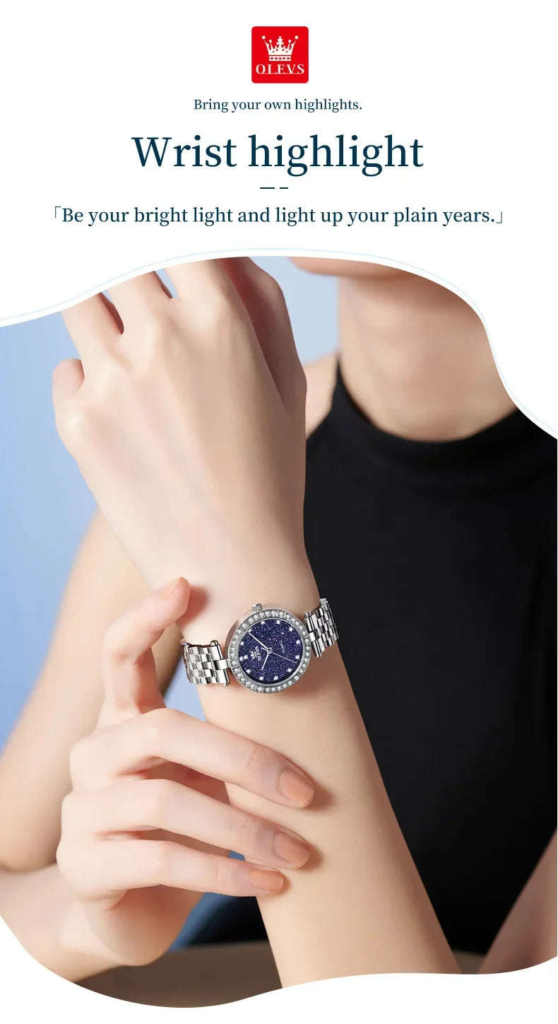 OLEVS 3641 Elegante reloj de cuarzo resistente al agua para mujer Esfera estrellada luminosa de acero inoxidable con caja de regalo - Accesorio de moda para mujer