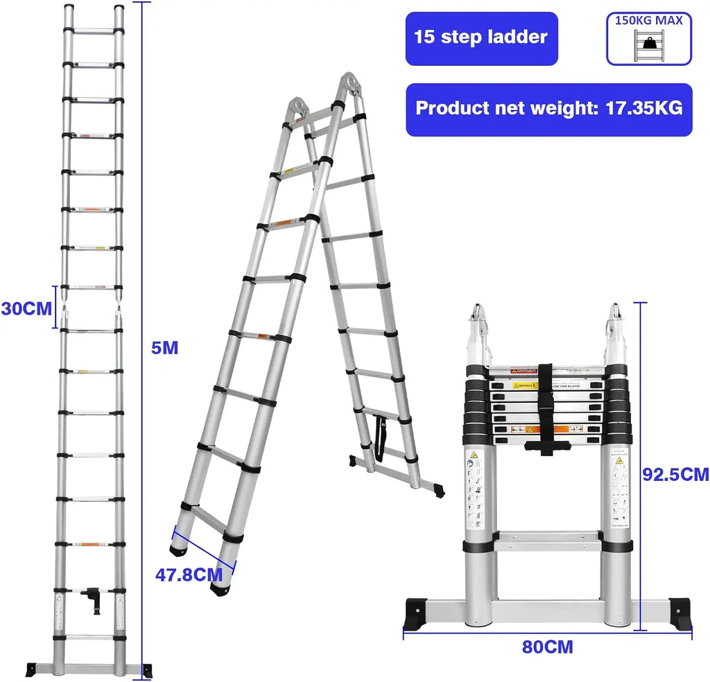 Escalera de aluminio telescópica multiusos de 16,5 pies (8,2 pies + 8,2 pies)/5M, escalera plegable extensible, escalones antideslizantes, capacidad de carga de 150 kg