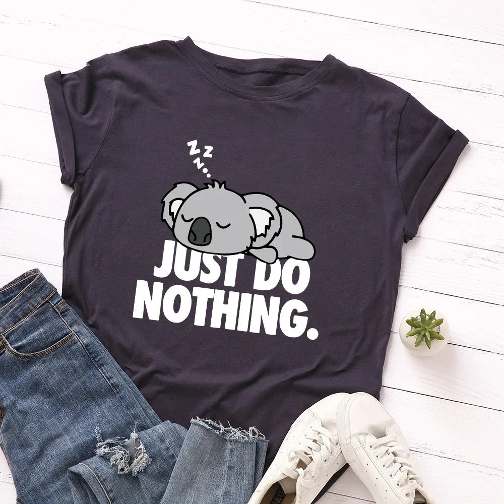 Just Do Nothing-Camiseta con estampado de Koala para Mujer, blusa holgada de manga corta con cuello redondo, ropa para Mujer