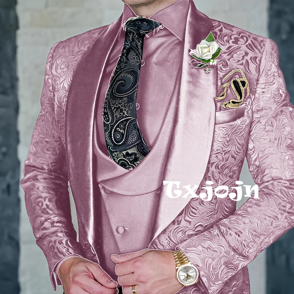 Exquisitos trajes de jacquard de 3 piezas para hombre, conjuntos de novio de boda, bonito conjunto de traje con solapa y chal, ropa de baile, esmoquin Formal para negocios
