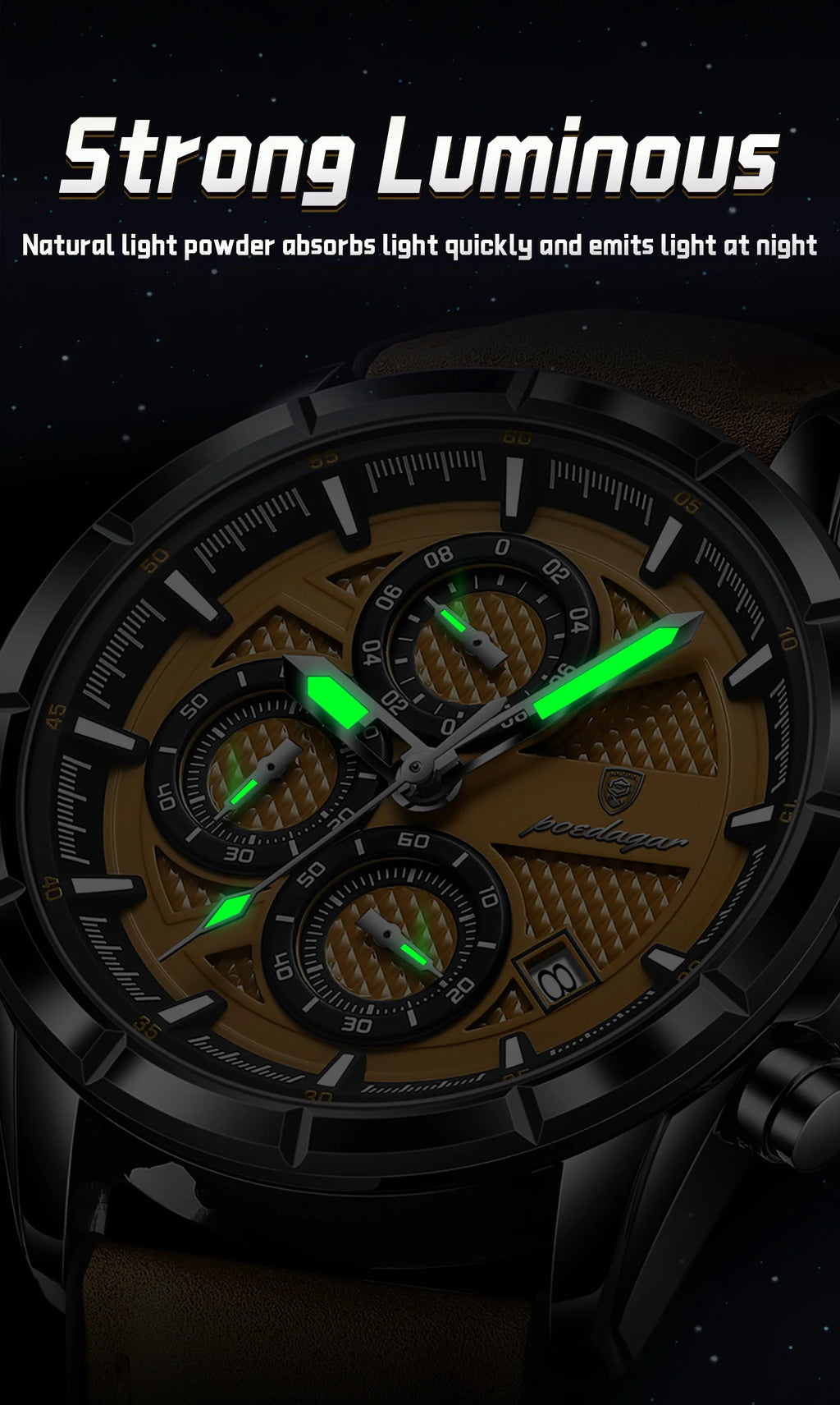 Reloj de pulsera POEDAGAR de lujo para hombre, relojes de cuarzo de cuero originales para hombre, cronógrafo con fecha, reloj luminoso resistente al agua para hombre + caja