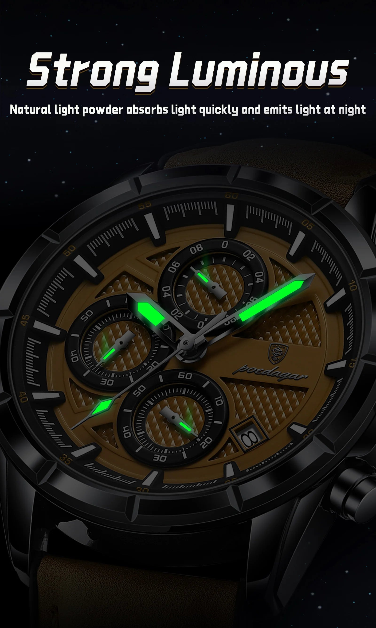 Reloj de pulsera POEDAGAR de lujo para hombre, relojes de cuarzo de cuero originales para hombre, cronógrafo con fecha, reloj luminoso resistente al agua para hombre + caja