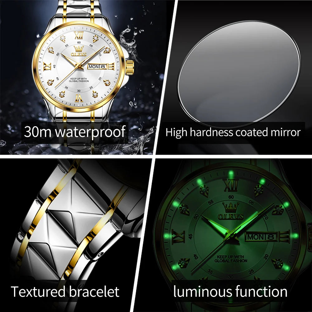 OLEVS, reloj de cuarzo Original superior para parejas, reloj de lujo con esfera de diamante a escala romana para hombres y mujeres, reloj de mano resistente al agua con correa de rombos