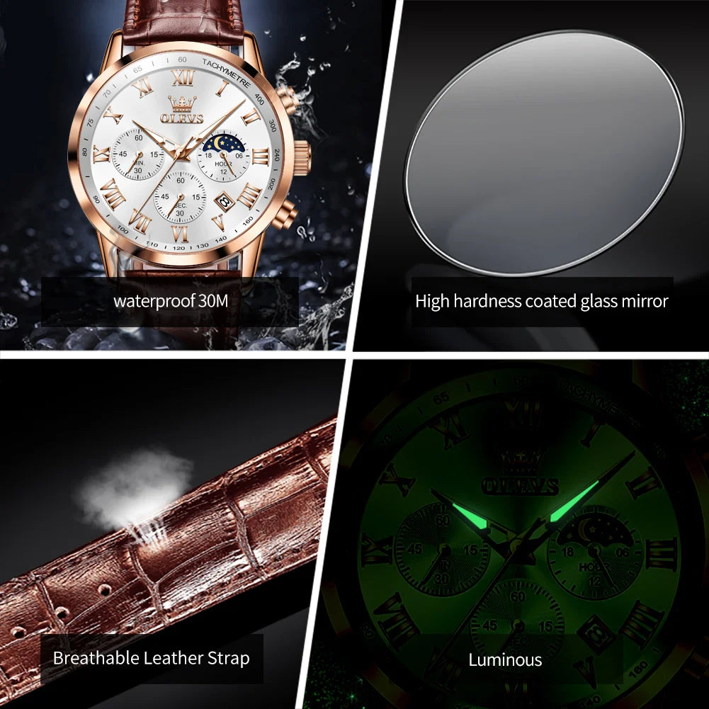 OLEVS-reloj de cuarzo deportivo para hombre, cronógrafo de lujo, resistente al agua, con correa de cuero, fase lunar, Masculino