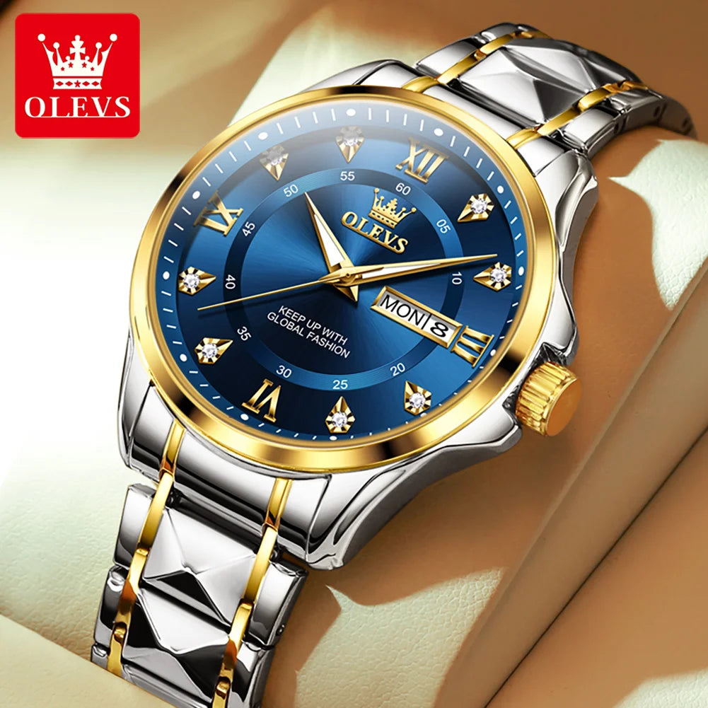 OLEVS, reloj de cuarzo Original superior para parejas, reloj de lujo con esfera de diamante a escala romana para hombres y mujeres, reloj de mano resistente al agua con correa de rombos