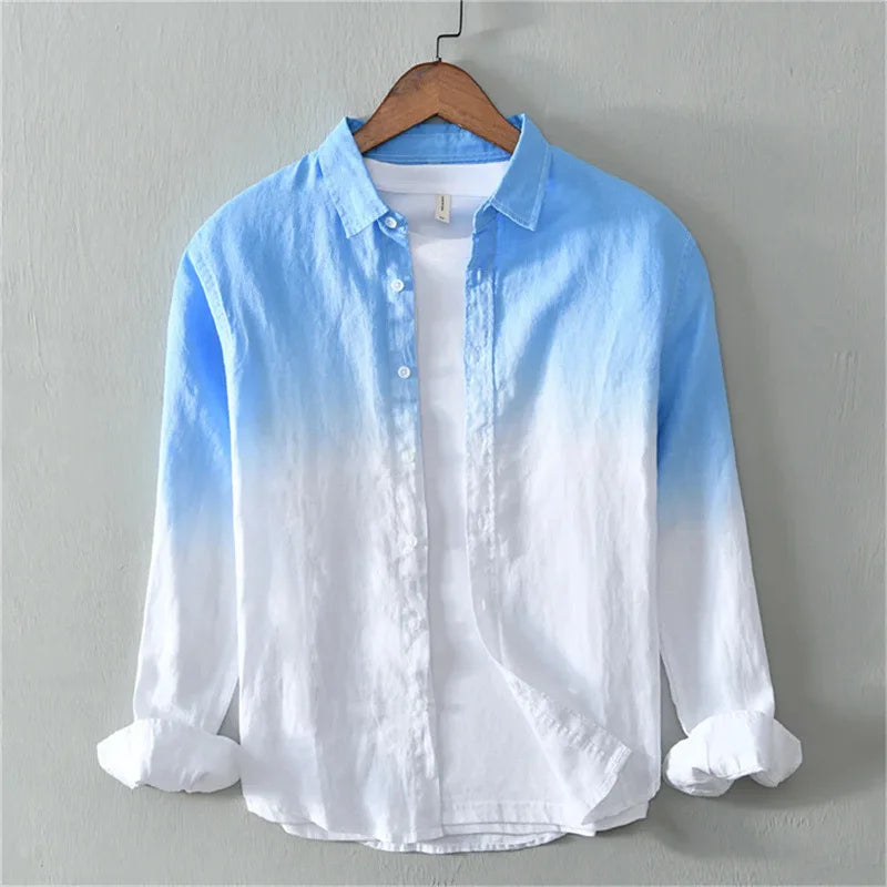 Men's Casual Spring Autumn Long-Sleeve Collared Shirt, Fashionable Light Color Changing 3D Print Linen Shirt, XS-6XL