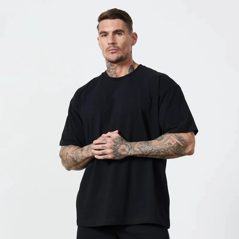 Camiseta holgada de algodón para hombre, camisa de manga corta con hombros caídos para Fitness, gimnasio, culturismo, Tops deportivos de verano