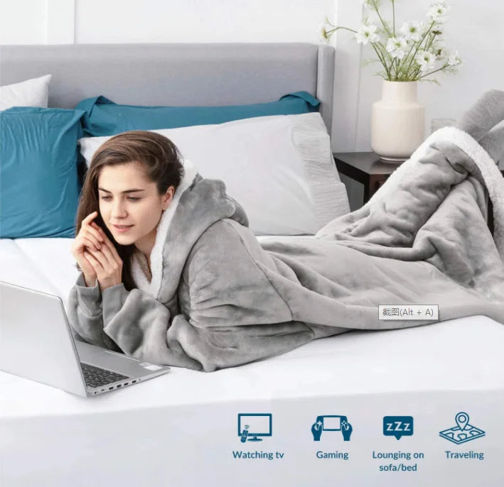Suer-Manta larga de franela Sherpa, manta cálida de invierno con mangas, sudaderas con capucha, manta de TV de gran tamaño, jersey