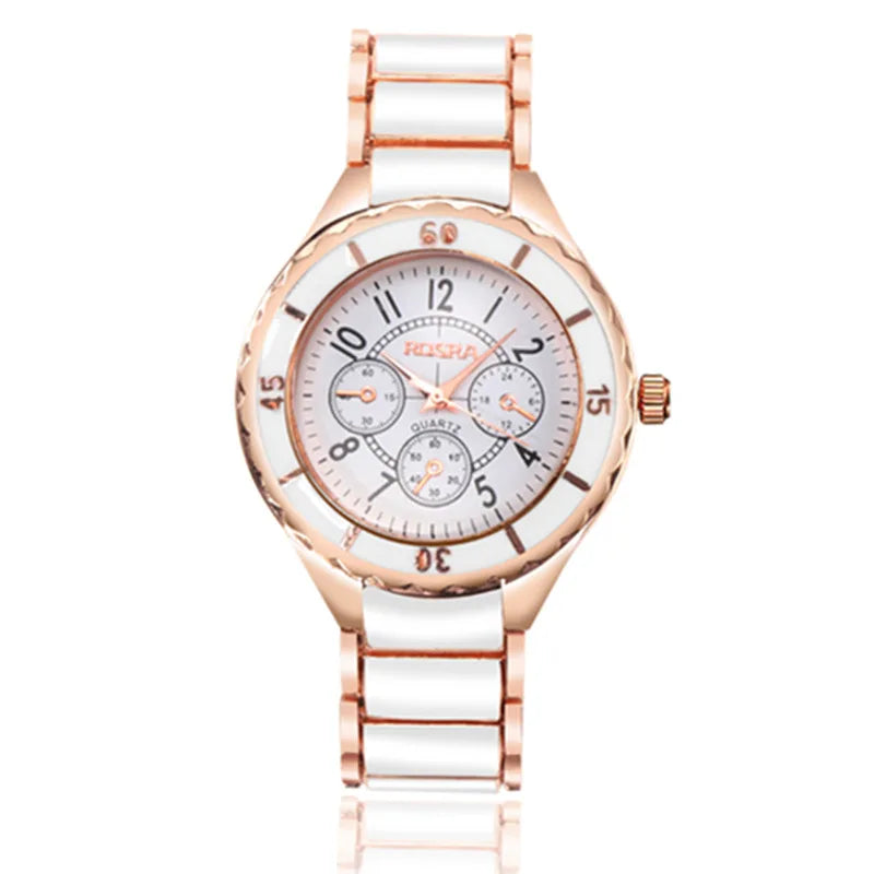 Reloj blanco de oro rosa para Mujer, Reloj clásico de acero y cerámica para Mujer, Reloj de pulsera para Mujer, Reloj femenino Saati