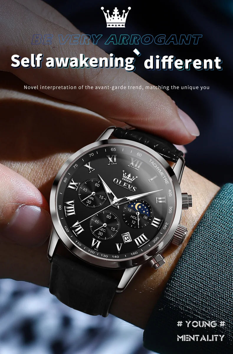 OLEVS-reloj de cuarzo deportivo para hombre, cronógrafo de lujo, resistente al agua, con correa de cuero, fase lunar, Masculino