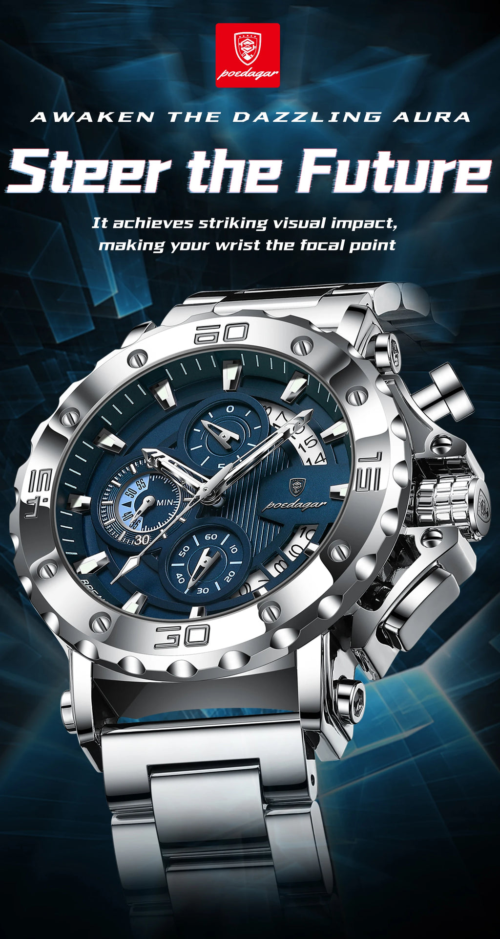 Reloj POEDAGAR de lujo para hombre, calendario luminoso, resistente al agua, Reloj para hombre, cronógrafo masculino, relojes de cuarzo de acero inoxidable para hombre