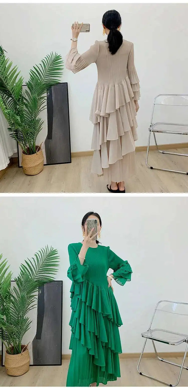 GVUW, vestido plisado para mujer, manga acampanada completa, línea A, volantes empalmados, cuello redondo, fiesta de noche, ropa elegante para mujer 17G4475
