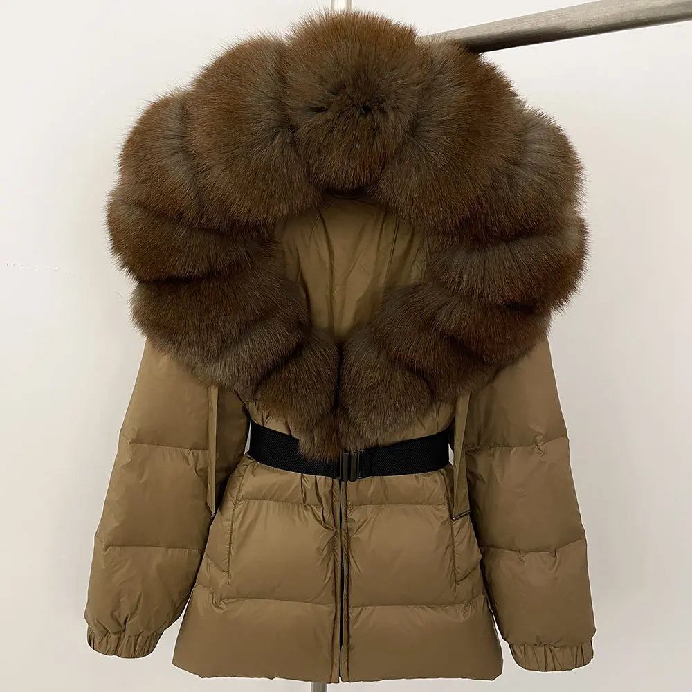 OFTBUY 2025 nueva ropa de invierno para mujer, abrigo de plumón de pato blanco, chaqueta con capucha de piel de zorro Natural, chaqueta acolchada cálida a la moda para mujer