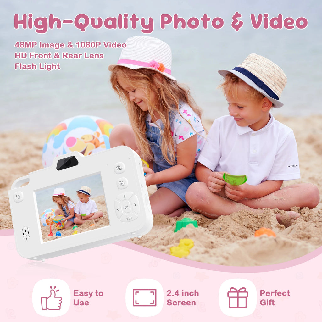 Cámara Digital para Niños 48MP – Doble Lente, Video 1080P, Zoom 16x, Juegos, Batería 600mAh
