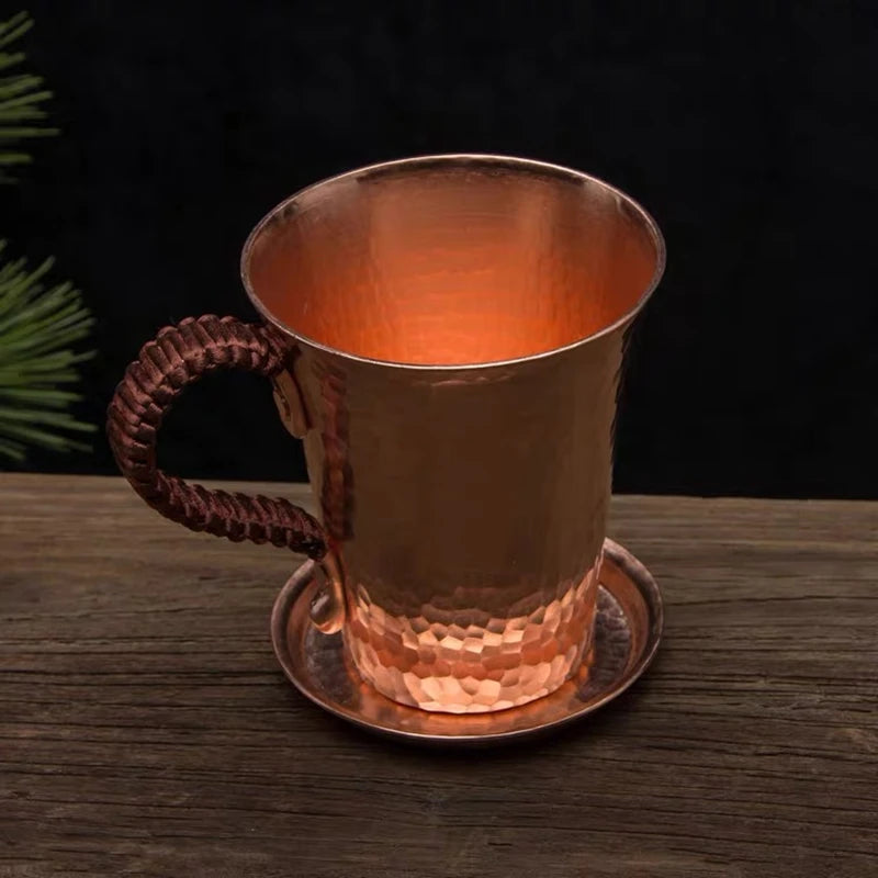 Taza de café y tapa de cerveza de cobre puro, taza de leche con disco, mango tejido Retro hecho a mano, vasos para beber de 350ml, regalos para parejas