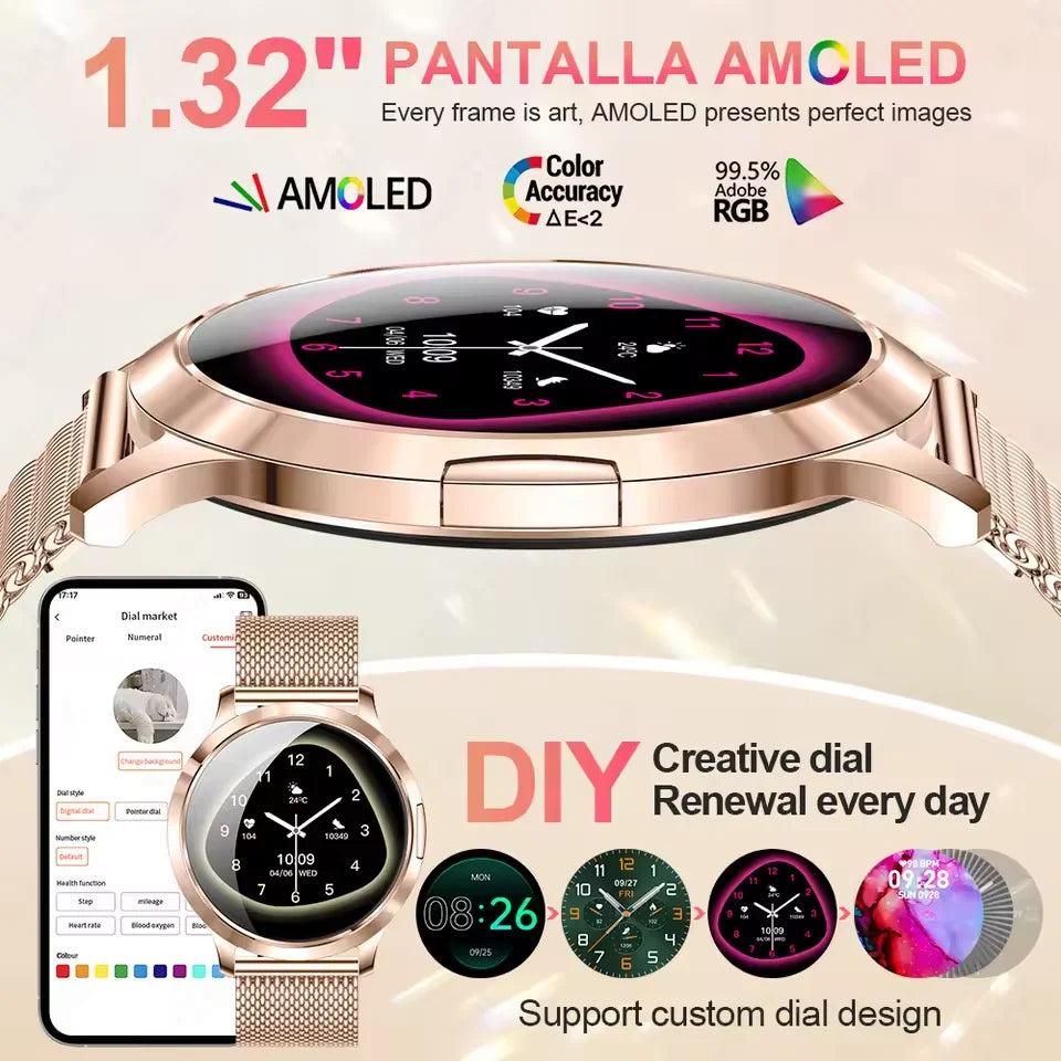 Nuevo reloj inteligente para mujer 1,32 "AMOLED pantalla completamente táctil Bluetooth llamada presión arterial IP68 impermeable NFC 7,3mm pulsera ultrafina
