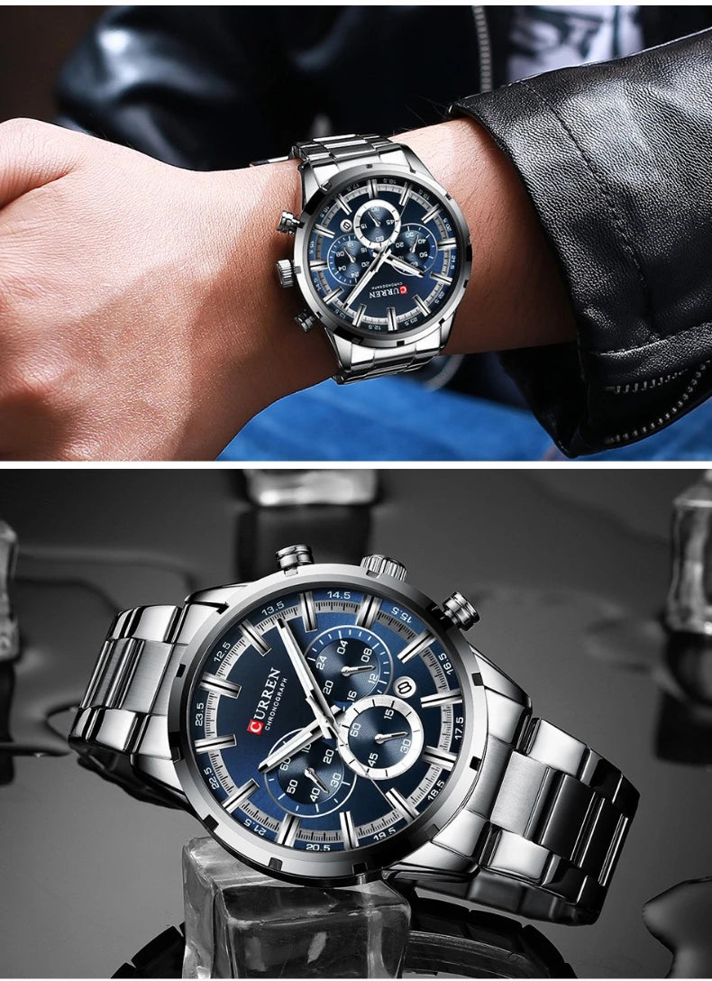 Reloj de pulsera CURREN de Cuero militar de lujo de la mejor marca, relojes deportivos informales para hombres, reloj de pulsera azul para hombre, reloj de pulsera cronógrafo de moda