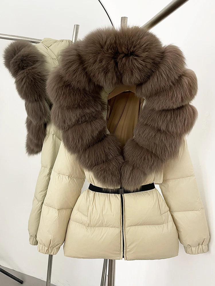 OFTBUY 2025 nueva ropa de invierno para mujer, abrigo de plumón de pato blanco, chaqueta con capucha de piel de zorro Natural, chaqueta acolchada cálida a la moda para mujer