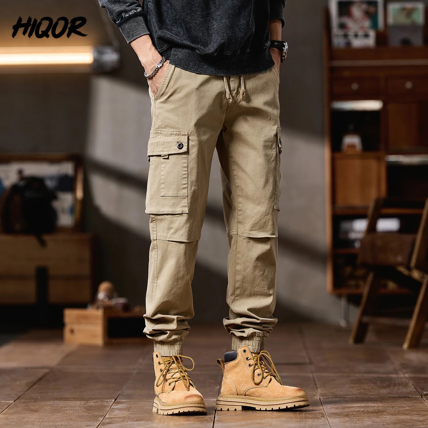Pantalones Cargo avanzados para hombre, pantalones informales de marca a la moda para motocicleta, pantalones rectos ajustados elásticos multibolsectos para Otoño e Invierno para hombre