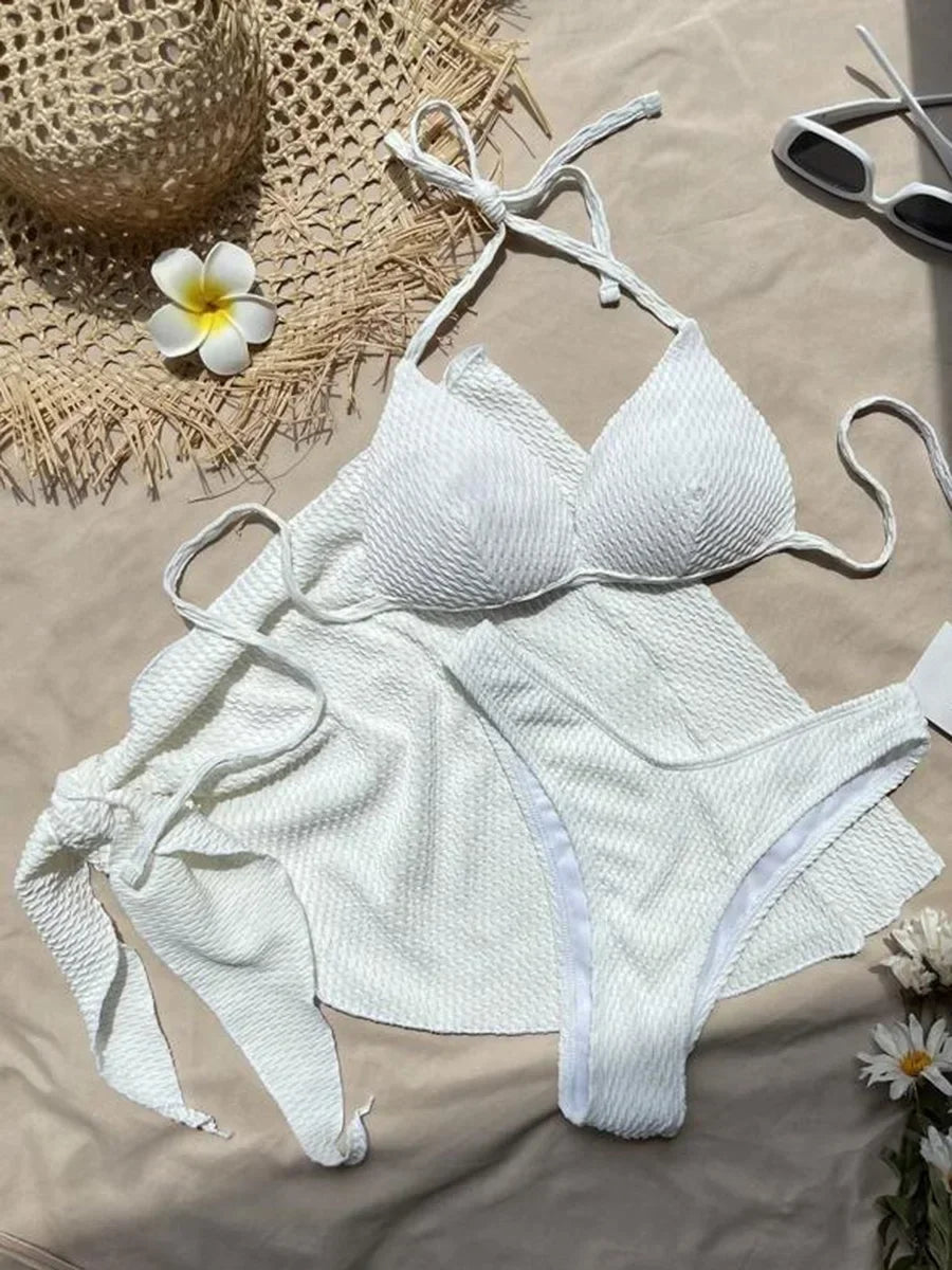Skirt, Ruched Bikini with Bra Cup, Women's Swimsuit, Women's Bathing Suit, Three-Piece Bikini Set, Push Up Swimsuit, Swimming Beachwear