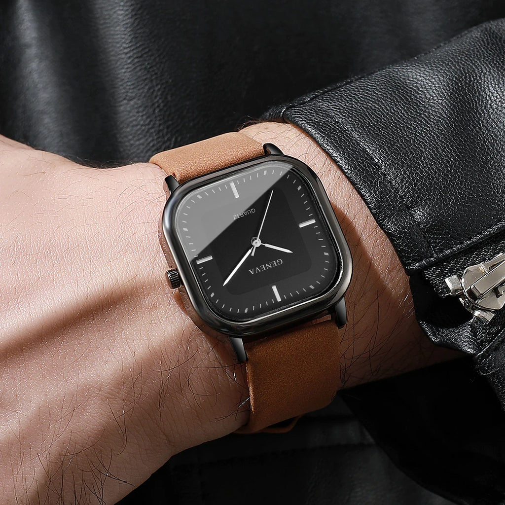 Fashion Square Dial Men's Watches Minimalist Quartz Watch Casual Leather Strap Wristwatch Reloj Hombre（Without Box）