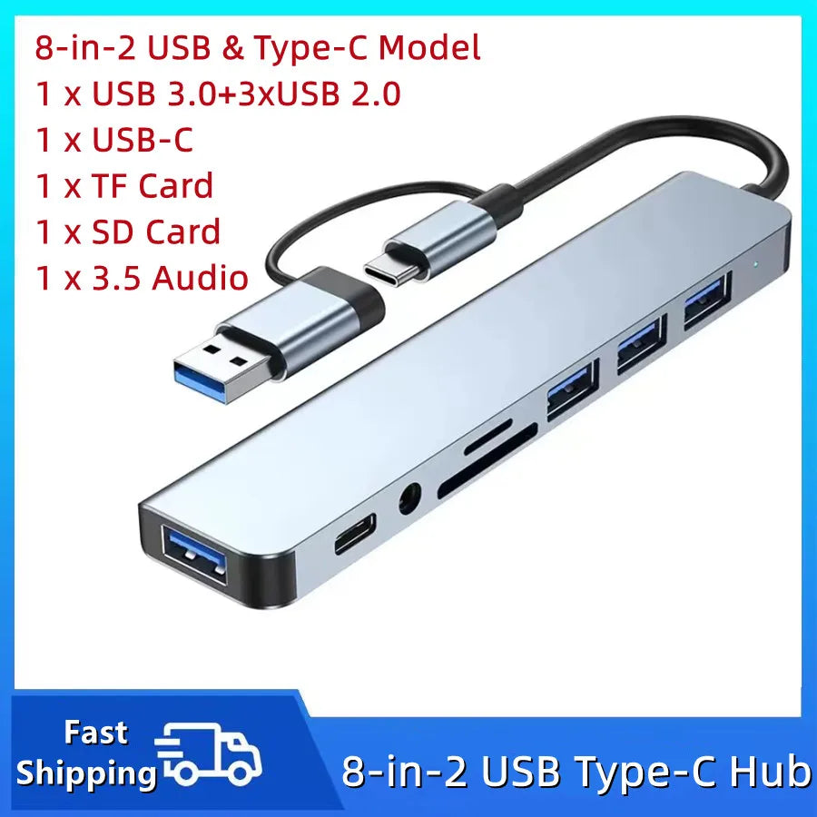 8-in-2 USB-C Hub – USB 3.0, SD/TF Card Reader & 3.5mm Audio for MacBook & Laptop