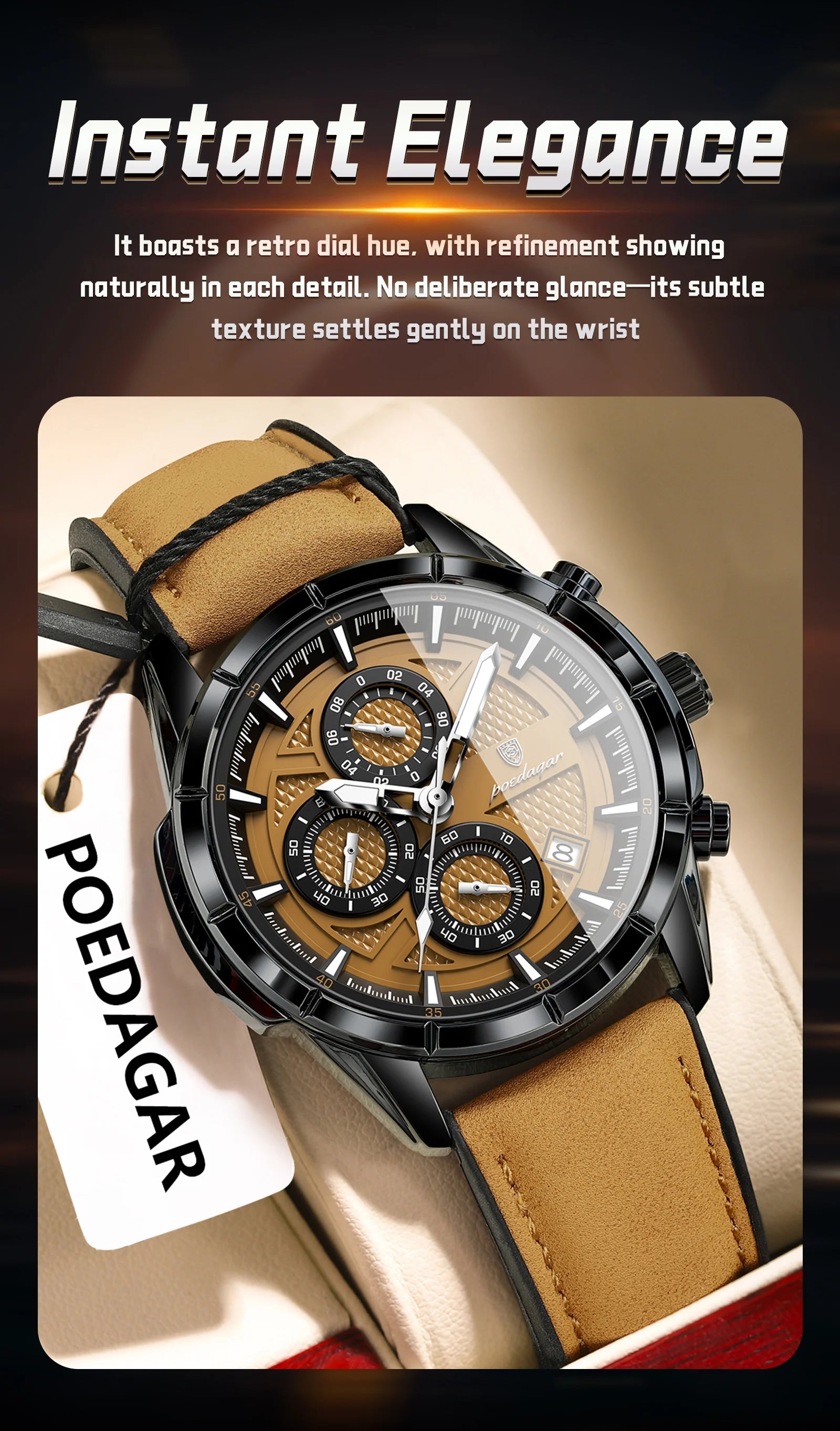Reloj de pulsera POEDAGAR de lujo para hombre, relojes de cuarzo de cuero originales para hombre, cronógrafo con fecha, reloj luminoso resistente al agua para hombre + caja