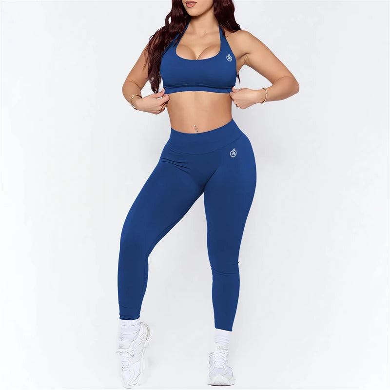 Bum-Conjuntos de Yoga para mujer, mallas moldeadoras con fruncido en la parte de atrás y Sujetador deportivo de impacto, trajes sin costuras, conjunto de sujetador Halter Sexy para gimnasio, 2025