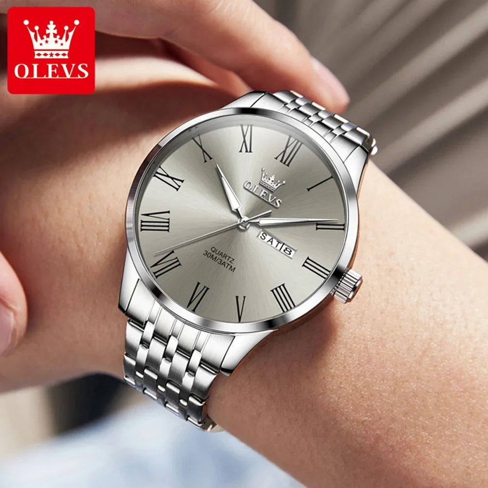 OLEVS, reloj minimalista de negocios de acero inoxidable para hombre, manecillas luminosas de lujo, calendario a escala romana, relojes de cuarzo resistentes al agua para hombre