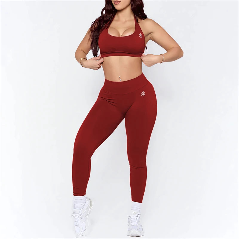 Bum-Conjuntos de Yoga para mujer, mallas moldeadoras con fruncido en la parte de atrás y Sujetador deportivo de impacto, trajes sin costuras, conjunto de sujetador Halter Sexy para gimnasio, 2025