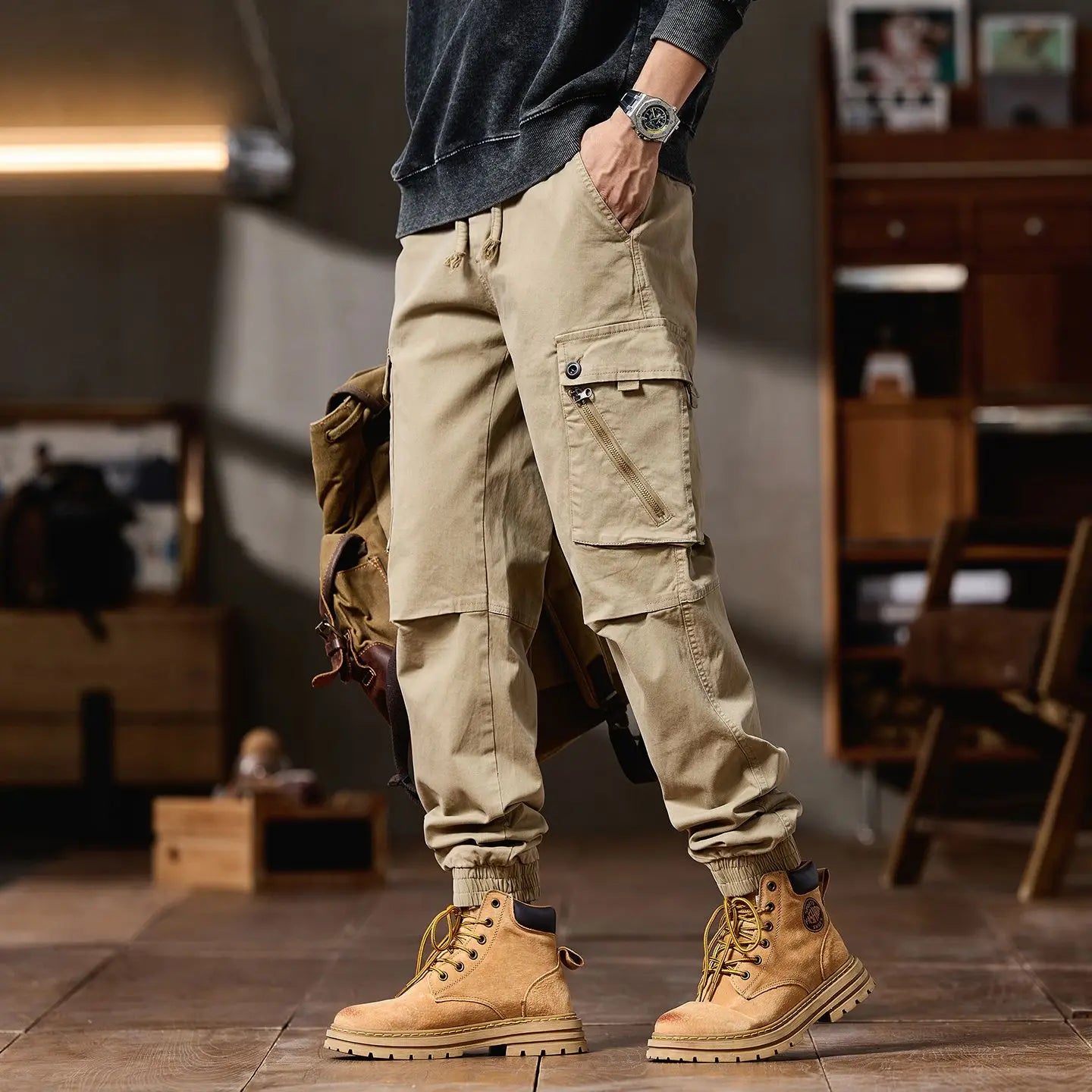 Men's Advanced Cargo Pants, Fashionable Brand Casual Motorcycle Pants, Multi-pocket Elastic Slim Fit Straight Leg Trousers for Autumn and Winter for Men