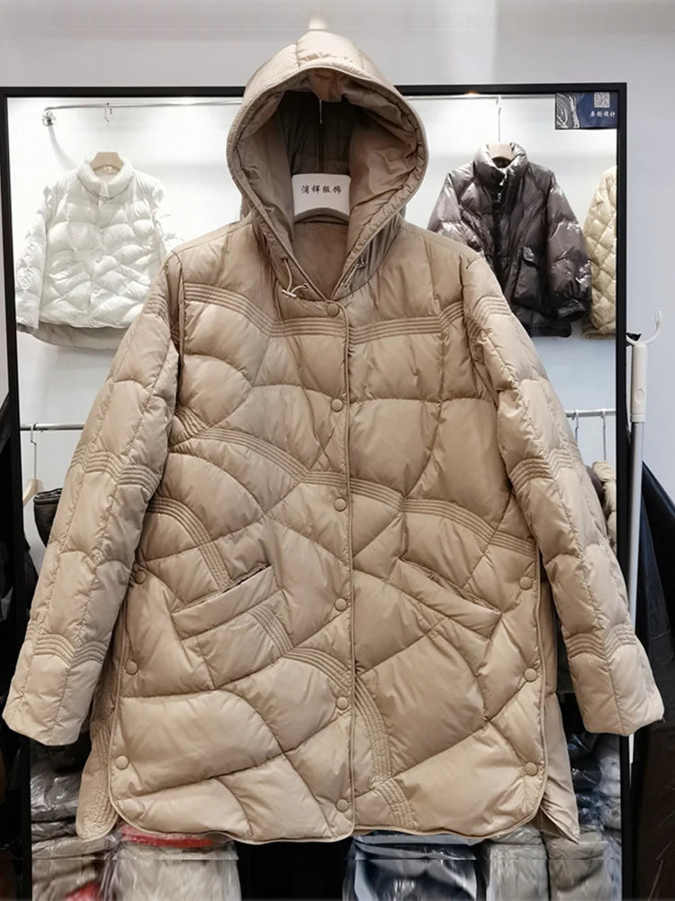 Lagabogy-Women's Loose White Duck Down Coat, Vintage Single-Breasted Tops, Warm Hooded Pocket Padded Jacket for Women, Outdoor, 2025