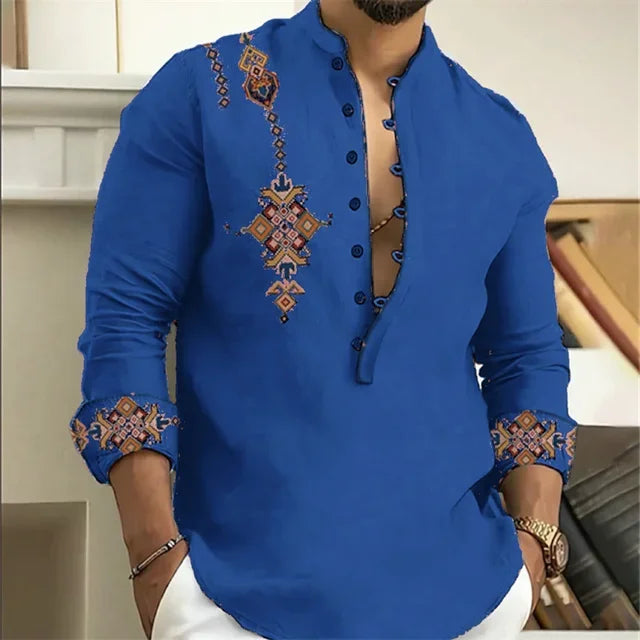 2025 Camisa de hombre de 15 colores Tribe Pattern Printing Retro Geometría Leads Outdoor Street Camisa de manga larga Tamaño súper grande S-5XL