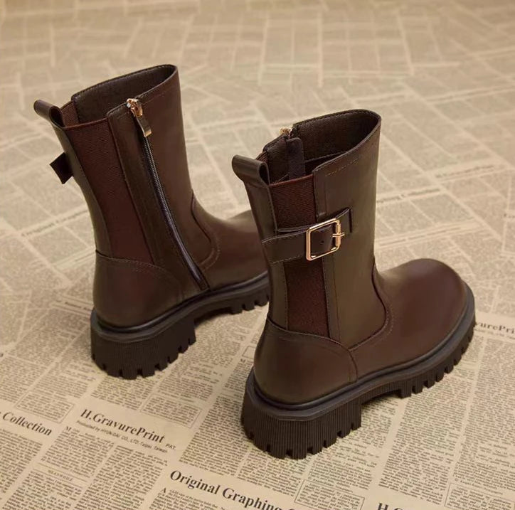 Botas medio altas para mujer, zapatos Chelsea con punta redonda a media pantorrilla para mujer, calzado marrón de tacón medio, oferta gótica de entretiempo para primavera y otoño