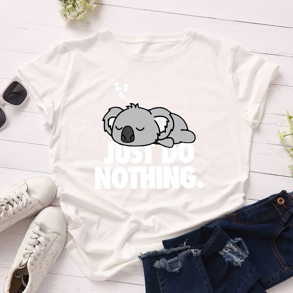 Just Do Nothing - Koala Print T-Shirt for Women, Loose Short-Sleeve Round Neck Blouse, Women's Clothing