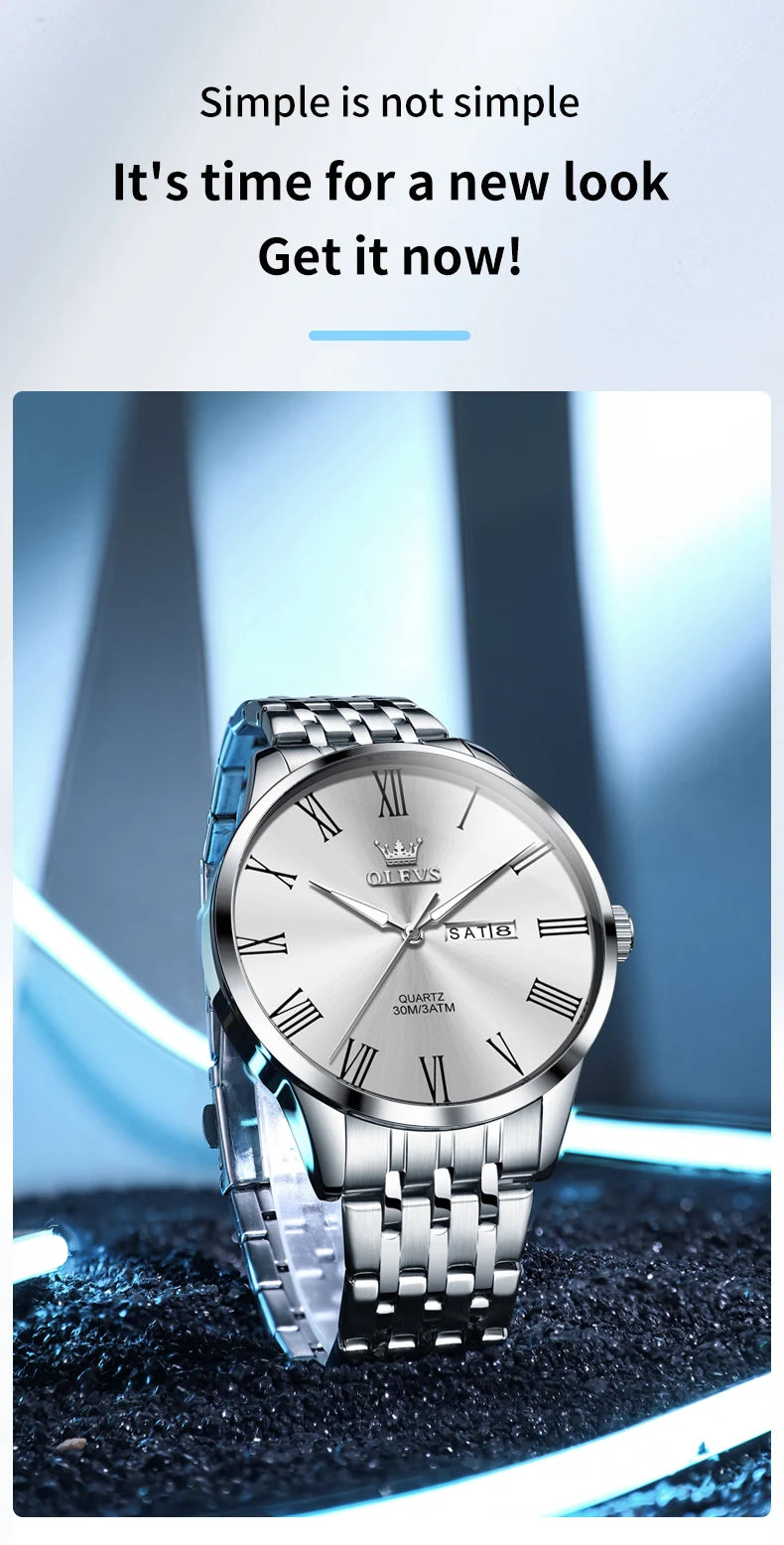 OLEVS, reloj minimalista de negocios de acero inoxidable para hombre, manecillas luminosas de lujo, calendario a escala romana, relojes de cuarzo resistentes al agua para hombre