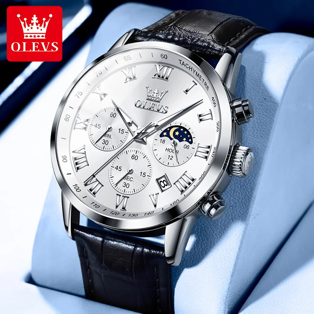OLEVS-reloj de cuarzo deportivo para hombre, cronógrafo de lujo, resistente al agua, con correa de cuero, fase lunar, Masculino