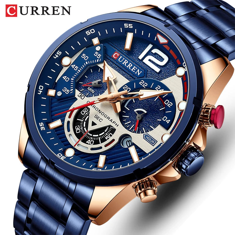 Nuevos relojes CURREN verdes para hombre, relojes de cuarzo de acero inoxidable de lujo de primeras marcas, reloj deportivo con fecha para hombre, reloj de pulsera resistente al agua