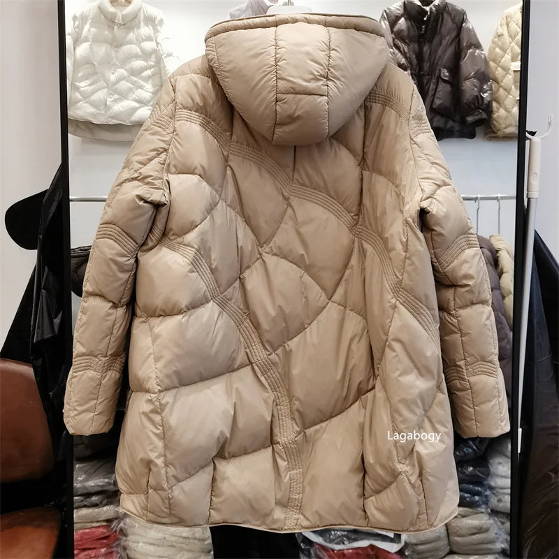 Lagabogy-abrigo holgado de plumón de pato blanco para mujer, Tops Vintage de un solo pecho, chaqueta acolchada cálida con capucha y bolsillo para mujer, exterior, 2025