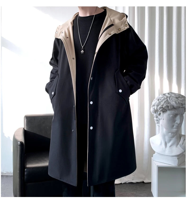 Gabardina para hombre, gabardina con capucha a la moda, otoño, longitud media, cortavientos holgado de un solo pecho, abrigo informal falso de dos piezas