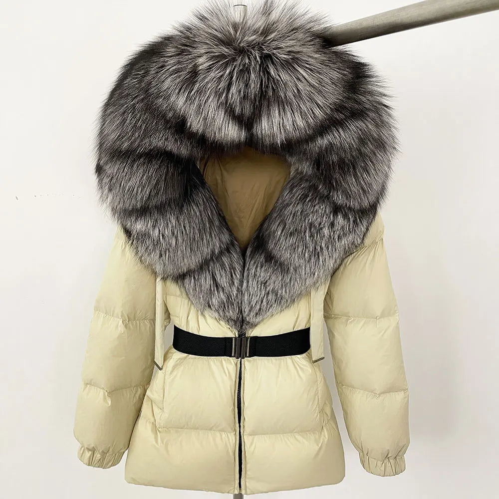 OFTBUY 2025 nueva ropa de invierno para mujer, abrigo de plumón de pato blanco, chaqueta con capucha de piel de zorro Natural, chaqueta acolchada cálida a la moda para mujer