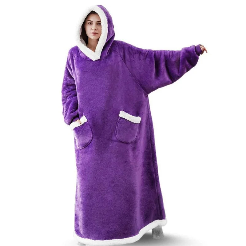 Sherpa Flannel Oversized Hoodie Blanket, Warm Winter Blanket with Sleeves, Hooded Sweatshirt, Oversized TV Blanket, Pullover