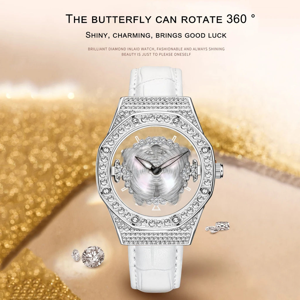 Reloj de cuarzo de cuero con diamantes de imitación de cristal brillante y mariposa giratoria para mujer a la moda