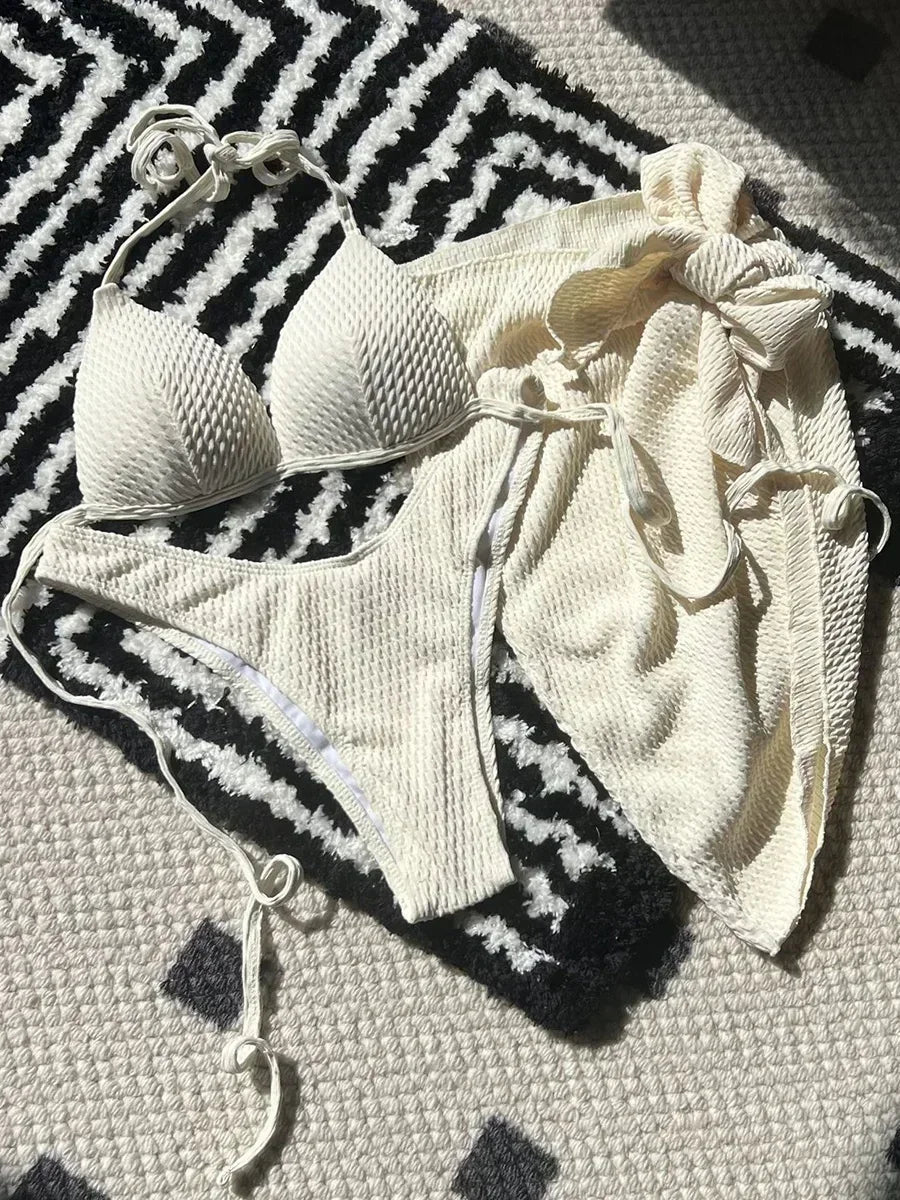 Skirt, Ruched Bikini with Bra Cup, Women's Swimsuit, Women's Bathing Suit, Three-Piece Bikini Set, Push Up Swimsuit, Swimming Beachwear